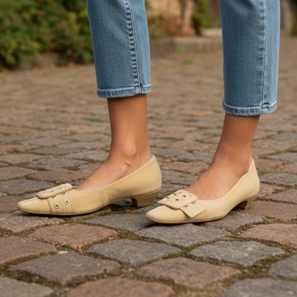 EUC - Burberry Buckled Kitten Heels - size 37.5 - khaki tan